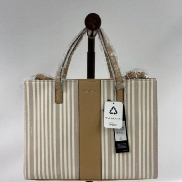 Tahari Womens Sand/Gray Striped Vegan Leather Double Handle Satchel Tote Handbag - Picture 2 of 6